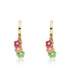 Little Miss Twin Stars Frosted Flowers 14k Gold-Plated Hoop Earring With Pink, Hot Pink & Mint Green Enamel Flowers Cluster Dangle/