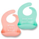 Simka Rose Silicone Bib – Waterproof Baby Bibs for Girls and Boys – Perfect for Babies and Toddlers – Easy to Clean Feeding Bibs – Excellent Baby Shower Gift – Set of 2 (Peach/Mint)
