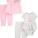 Simple Joys by Carter’s Baby Girls’ 4-Piece Bodysuit, Top, and Pant Set, Grey Heather Llama/Pink Polka Dot, Newborn