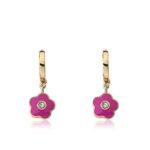 Little Miss Twin Stars “Frosted Flowers” 14k Gold-Plated Hoop Earrings with Hot Pink Enamel Flower Dangle