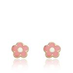Little Miss Twin Stars Frosted Flowers 14k Gold-Plated Pink Enamel Flower With White Center Stud Earring/
