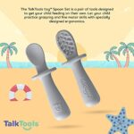TalkTools Itsy Tiny Silicone Spoons – Twin Pack Soft Silicone Self-Feeding Training Spoons for Kids & Toddlers, Anti-Choking Flange Guard and Non-Slip Handle (Cloud)