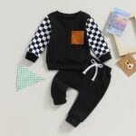 Ehfomius Toddler Baby Boy Fall Winter Clothes Outfit Checkered Long Sleeve Sweatshirt Top Jogger Pants Set (Black, 2-3 Years)