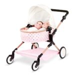 babi by Battat – Baby Doll Double Stroller Mini Gold Stars Foldable Canopy, Swivel Wheels, Basket Pink Carriage Fits Twin 14-inch Dolls Children’s Toys Kids Ages 2+ (BAB7630C1Z)
