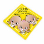 Personalizable Triplets on Board Car Stickers, 2 Baby Boys and 1 Baby Girl Yellow Car Vinyl Sticker