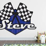 Race Flag Name Wall Decal – Personalized Wall Art for Boys, Baby, and Kids – Custom Name Wall Decal with Race Car Theme – Checkered Flag Wall Stickers – Wall Letters Decor for Bedroom