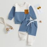 Tsnbre Baby Boy Clothes Outfits Fall Long Sleeve Color Block Sweatshirt Tops Casual Pants Newborn 2Pcs Set (Blue, 18-24 Months)