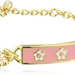 Little Miss Twin Stars Girls’ Vermeil Pink Flowers Name Plate Chain Bracelet