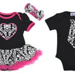 Kirei Sui Baby Black Hot Pink Damask Heart Bodysuit Tutu Tie Romper Twins Set