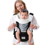 Baby Carrier Newborn to Toddler with Hip Seat, Baby Hip Carrier, 4-in-1 Ergonomic Infant Carrier Front and Back Carry, Adjustable & Removable Baby Holder Carrier Backpack for 7-45lbs(Black)