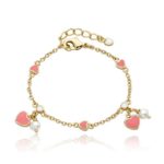 Little Miss Twin Stars Enamel Bracelet Pink Hearts And Pearls 14K Gold Plated Chain Bracelet