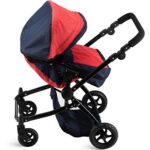 HUSHLILY® My First Baby Doll Twin Stroller Foldable Double Doll Pram in Red and Navy Blue for Toddlers and Kids with Convertible Seat, Swiveling Wheels, Adjustable Handle and Storage Basket