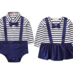 Brother and Sisiter Matching Outfits Baby Boy and Girl Long Sleeve Striped Bowtie Bodysuit Birthday Shirt