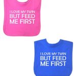 BabyPrem Baby Feeding 2 Bibs Girls Boys Twins Feed Me First PINK BLUE