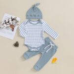 Newborn Baby Boy Girl Outfits Long Sleeve Striped Ribbed Knitted Romper Pants Hat 3Pcs Infant Fall Winter Clothes (3Pcs- Blue, 3-6 Months)