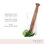 Twine Acacia Wood Mojito Muddler, Wooden Pestle Bar Accessory and Cocktail Drinkware Tool, Kitchen Essential with Jute Storage Pouch, Set of 1, Wood Grain