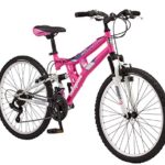 Mongoose Exlipse Full Dual-Suspension Mountain Bike for Kids, Featuring 15-Inch/Small Steel Frame and 21-Speed Shimano Drivetrain with 24-Inch Wheels, Kickstand Included, Pink