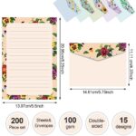 200 Pieces Stationary Paper and Envelopes Set Including 100 Lined Sheets and 100 Matching Envelopes, 5.5 x 8.25 Inch Double Sided Printing Letter Writing Paper with Envelopes (Floral)