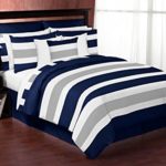 Sweet Jojo Designs 4-Piece Navy Blue, Gray and White Stripe Childrens, Teen Boys Twin Bedding Set Collection