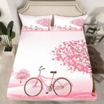 Manfei Flower Sheet Set Twin Size, Cartoon Bicycle Bedding Set for Kids Girls Teens Room Decor, Pink Floral Tree Print Bed Sheet Set 3pcs with Deep Pocket Fitted Sheet + Flat Sheet + 1 Pillowcase