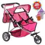 Exquisite Buggy, Twin DOLL Jogger Stroller with Diaper Bag, PINK / POLKA DOTS designed With a Carriage Bag and 2 FREE Magic Bottles Included (Fits Bitty Twins Dolls )
