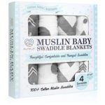 Momo Bebe Muslin Baby Swaddle Blankets – 4 pack Large 47×47 inch Cotton Swaddles – White Grey Chevron Polka Dot Arrow – Soft Breathable Comfortable Durable – Nursery Shower Gift Set Unisex Neutral