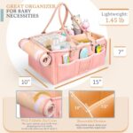 Baby Diaper Caddy Organizer for Baby Essentials, Portable Diaper Caddy Basket with Handles and Zip Cover, Diaper Basket Organizer for New Mom Baby Shower Gifts, Changing Table, Car (Pink)