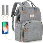 Diaper Bag Backpack with USB Charging Port and Stroller Straps, Maternity Nappy Bag with Insulated Feeding Bottle Pockets & Changing Pad Pocket, Waterproof Travel Backpack (Grey)