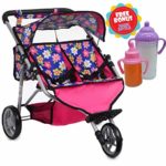 Exquisite Buggy, Twin Doll Jogger Stroller Diaper Bag a Carriage Bag 2 Free Magic Bottles Included (Fits Bitty Twins Dolls ) (Flower)