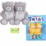 Gender Neutral Twin Teddy Bears and Book Two is for Twins for Baby Shower, Birthday, or Holiday Present w/Gift Tag