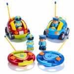 Prextex Pack of 2 Cartoon R/C Police Car and Race Car Radio Control Toys for Kids- Each with Different Frequencies So Both Can Race Together