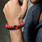 MJartoria Distance Relationship Bracelet Stretch Stone Beads Hers and His Couple Bracelet Energy Healing Stone Crystals Stretch Bracelet for Women Men (A-2 PCS-Black+red #1)