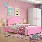 Costzon Toddler Bed, Upholstered Platform Bed W/Embedded Crystal Wood Bedframe Cylindrical Feet for Kids Boys & Girls, Children Classic Sleeping Bedroom Furniture(Pink)