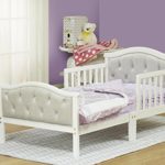 Toddler Bed with Soft Tufted Headboard, Kids Wood Bed Frame with Half Side Rails