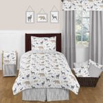Sweet Jojo Designs 4-Piece Blue Grey and White Woodland Animal Safari Kids Teen Deer Bear Fox Twin Bedding Set Collection