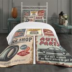 Lunarable 1950s Bedspread, Vintage Car Signs Automobile Advertising Repair Vehicle Garage Classics Servicing, Decorative Quilted 2 Piece Coverlet Set with Pillow Sham, Twin Size, Maroon Cream