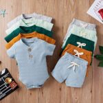 Ledy Champswiin Summer Newborn Baby Boy Girl Clothes Set Ribbed Outfits Unisex Infant Solid Short Sleeve Tops Shorts 2PCS