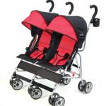 Kolcraft Cloud Double Umbrella Stroller – Lightweight and Compact, Easy Fold, Reclining Seats with Padded 3-Point Safety Harness and Roll-Up Seat Backs, Parent Cup Holder, Expandable Canopies, Red