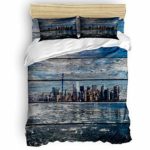 USOPHIA Twin Size, 4 Pieces Bed Sheets Set, NYC Harbor Urban City Print On Wooden Old Board Artsy Photo 3D Print Floral Duvet Cover Set