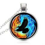 Round Shape Colorful Twin Flames Raven Pendant Necklace Adjustable Length Handmade Jewelry, Chain Included (5 Styles)