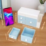 LETURE Desk Organizer with 3 Drawers, Makeup Storage Box with Lid, Office School Home Stationery Supplies Plastic Organizers, Desktop Organizer for Pen Pencil Marker (White w Blue Drawers)