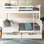 Twin Over Full Bunk Bed, Rockjame Solid Wood Bed Frame with 2 Under Bed Storage Drawers, Safety Guard Rail and Ladder, Convertible to 2 Separated Beds, Perfect for Kids, Teens and Adults (White)