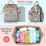 Extra Large Diaper Bag Backpack For 2 Kids – 38 L Baby Diaper Bag with Changing Pad, Charging Port, Insulated Pockets, Pacifier Pouch, Waterproof, Unisex Grey – Multifunction Baby Travel Bag