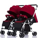 Twin Baby Stroller Detachable Handle Reversible Infant Carriage Can Sit and Lie Down Lightweight Foldable Double Trolley (Color : Wine red)