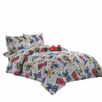 WPM Kids Collection Bedding 4 Piece Sport car Twin Size Comforter Set with Grey Sheet Pillow sham and red Race Car Toy Fun Sports Design (Race Me Cars, Twin Comforter)