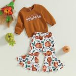 Toddler Baby Girls Halloween 2pcs Outfits Letters Print Sweatshirt Tops Pumpkin Flare Pants Fall Winter Clothes (Brown, 18-24 Months)