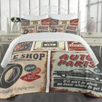 Lunarable 1950s Coverlet Set Twin Size, Vintage Car Signs Automobile Advertising Repair Vehicle Garage Classics Servicing, 2 Piece Decorative Quilted Bedspread Set with 1 Pillow Sham, Burgundy
