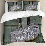 Hunting Decor Twin Bedding Comforter Sets All-Season 4pc Duvet Cover Set Quilt Bedspread for Adult/Kids/Teens, Gone Hunting Written on Wooden Board Old Worn Out Cottage Door Seasonal Hobby