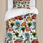 Ambesonne Ocean Duvet Cover Set Twin Size, Hawaiian Surfer on Wavy Deep Sea in Retro Style Palm Trees Flowers Surf Boards Theme Print, A Decorative 2 Piece Bedding Set with 1 Pillow Sham, Multicolor
